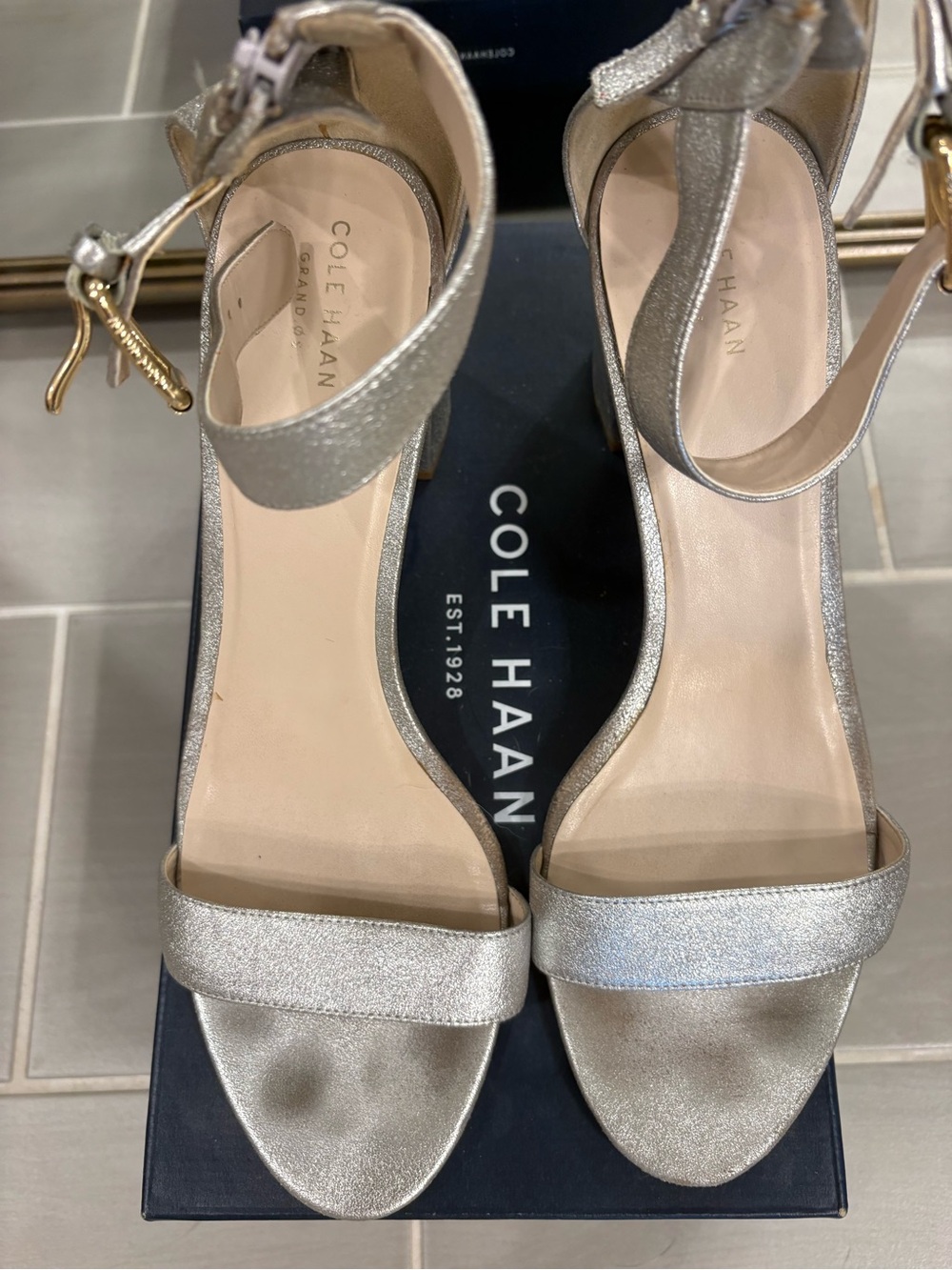 Cole Haan Silver Metallic Ankle-Strap Heels